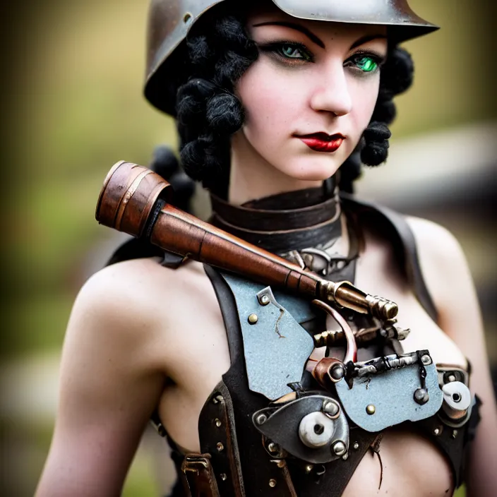 Image similar to photograph of a real - life very beautiful slim dieselpunk warrior. extremely detailed. dslr. 8 5 mm.