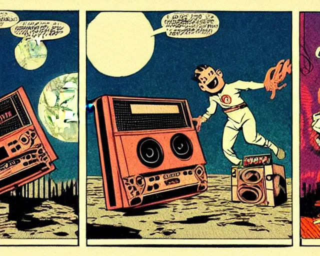 Prompt: three panels from a 1 9 3 0's comic book showing a big fat boombox, in front of a big moon, illustration, wide shot, muted colors, post grunge, concept art by josan gonzales and wlop, david rubin, mike mignola, laurie greasley, highly detailed, sharp focus, trending on artstation, hq, deviantart, art by artgem