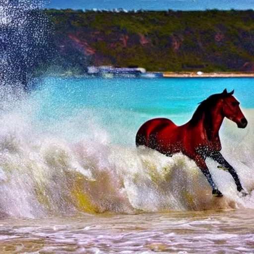 Image similar to close up of horses running through the waves on a beach with water splashing up, cinematographic shot, cartoon