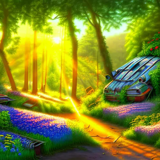 Image similar to A painting of a junk yard in the forest overgrown, with some pretty colorful flowers and ivy, sunrise with sun rays through the trees, detailed, realistic digital art,