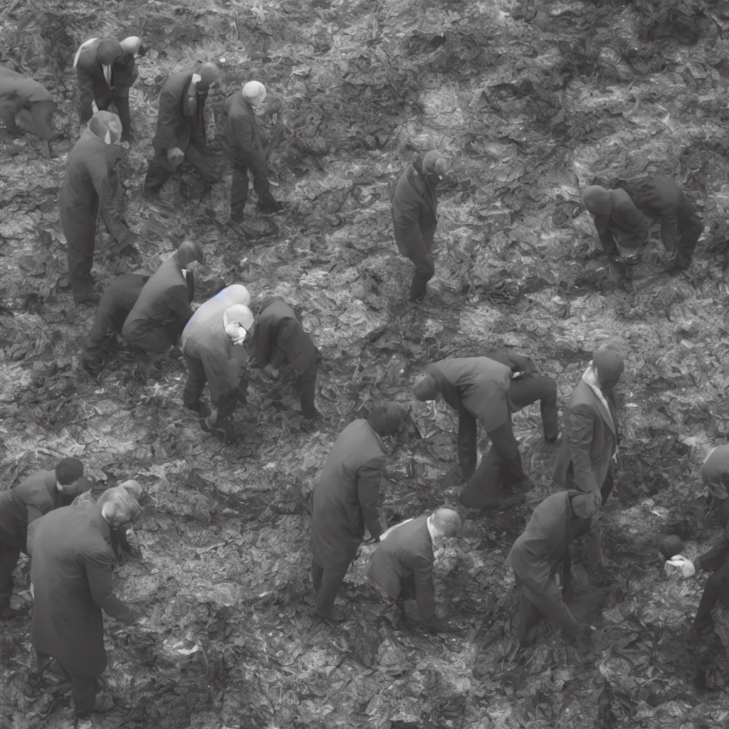 Prompt: In a purple foggy office with oil spill, masked group of men in gray suits look at stones, rocks,, peebles and dried plants in the style of David Lynch, photo real, canon 5D