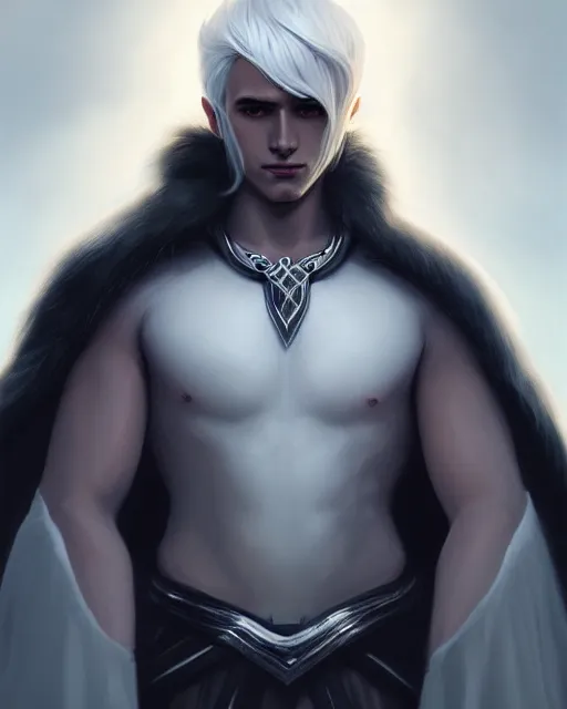 Image similar to portrait, beautiful male drow, long wavy white hair, super detailed, light black armor with silver accenting, silver jewelry, fur lined cape, 8 k, filmic, octane render, sunlight, clouds, artstation, greg rutkowski, rossdraws, william bouguereau, sharp focus