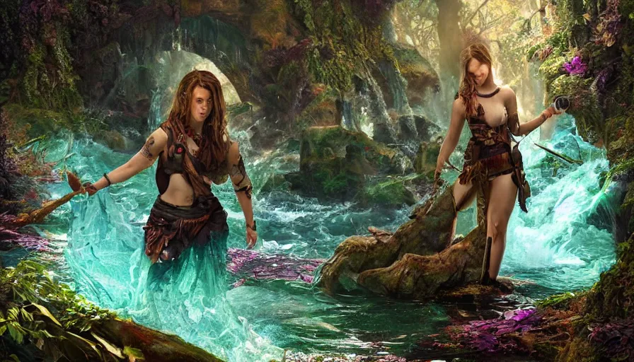 Prompt: high definition photograph fantasy scene art, hyper realistic, hyperrealism, iridescence water, woody foliage, 8 k dop dof hdr female fantasy character art, by aleski briclot and alexander'hollllow'fedosav and laura zalenga