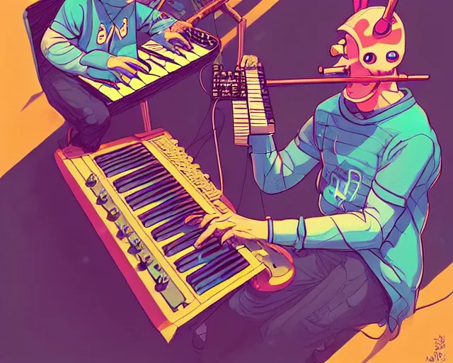 Image similar to a study of cell shaded cartoon of a two man band playing a microKorg synthesizer and drums, subtle colors, post grunge, concept art by josan gonzales and wlop, by james jean, Victo ngai, David Rubín, Mike Mignola, Laurie Greasley, highly detailed, sharp focus, Trending on Artstation, HQ, deviantart, art by artgem