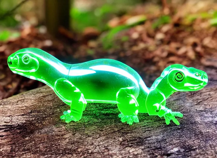 Image similar to photo of a translucent clear chibi style baby dinosaur made out of clear plastic, but has red hypercolor glowing electric energy inside its body, in the forest. fantasy magic style. highly detailed 8 k. intricate. nikon d 8 5 0 3 0 0 mm. award winning photography. design by pixar