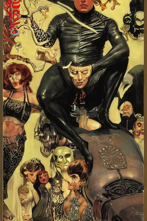 Image similar to full length portrait of groovy super villain diabolik, 1 9 6 2, by lawrence alma tadema, rick berry, norman rockwell, jason fabok. greg staples, nc wyeth, jack kirby, tom lovell