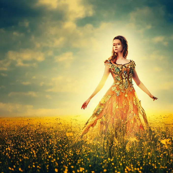 Image similar to photo of a very beautiful!! woman on intricate dress in an endless heavenly meadow, 4 k, hdr, smooth, sharp focus, high resolution, award - winning photo, trending on artstation, 5 0 mm