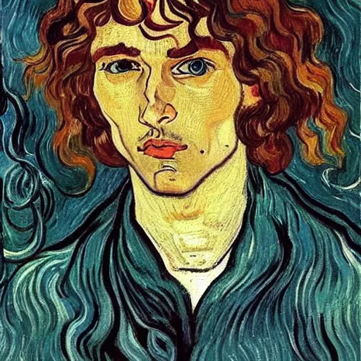 Prompt: painting of handsome beautiful dark medium wavy hair man in his 2 0 s, dressed as an oracle he has a vision for the future!! looking upward to the heavens above!! slight smile, foreseeing the future!! elegant, clear, painting, highly stylized, art by vincent van gogh, egon schiele