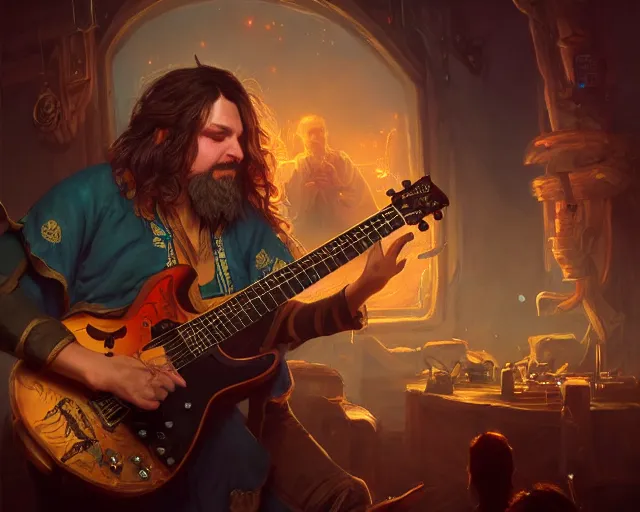 Image similar to photography of bard in a band shirt playing an electric guitar at a tavern concert, 8 k, deep focus, d & d, fantasy, intricate, elegant, highly detailed, digital painting, artstation, concept art, matte, sharp focus, illustration, hearthstone, art by artgerm and greg rutkowski and alphonse mucha