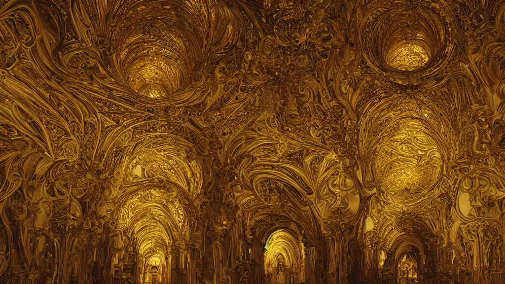 Image similar to endless baroque architecture, by Escher and Jean Delville, fractal, golden lighting, ornate