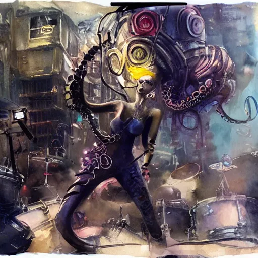 Image similar to Octopus girl playing R&R drum kit in the spotlight with rock band concert, cyberpunk, realistic, detailed, Industrial Scifi, paint, watercolor, in the style of Ashley Wood and Wadim Kashin