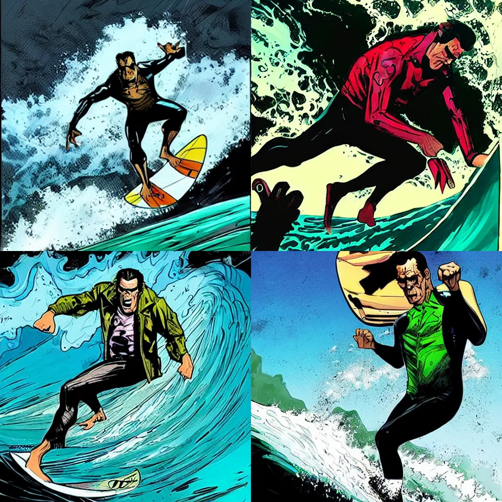 Prompt: style of Rafael Albuquerque comic art, Frankenstein wearing a Hawaiian shirt surfing big waves, fun, spooky, action surfing pose