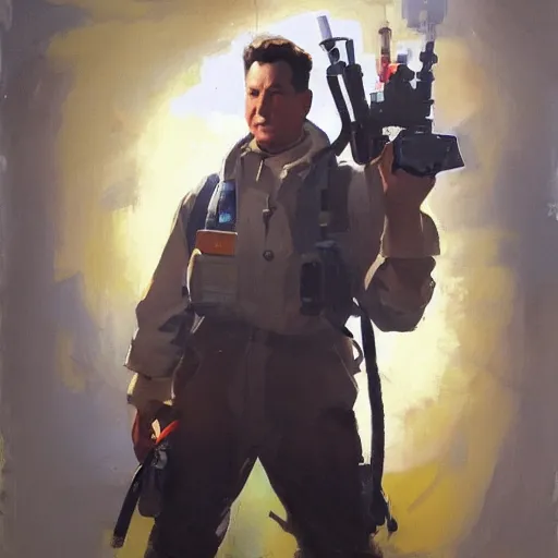 Image similar to greg manchess portrait painting of partially armored ghostbuster peter venkman overwatch character, medium shot, asymmetrical, profile picture, organic painting, sunny day, matte painting, bold shapes, hard edges, street art, trending on artstation, by huang guangjian and gil elvgren and sachin teng