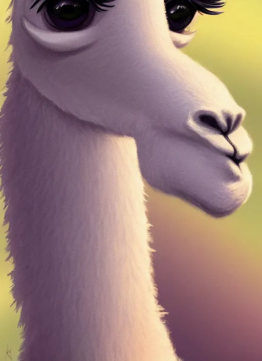 Image similar to centered!! macro head portrait of a llama, artstation, detailed cartoon, elegant, digital painting, concept art, smooth, sharp focus, illustration, ghibli, makoto shinkai, don bluth, fujita goro, jean giraud, akihiko yoshida, tom whalen 8 k