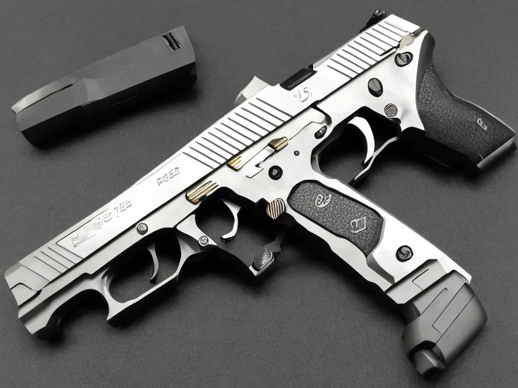 Image similar to futuristic sig sauer p226 made of brushed metal, chrome and carbon, intricate gold linings