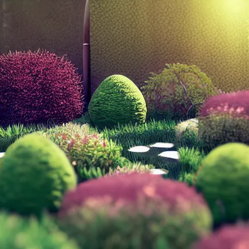 Image similar to weird 3 d rendered garden, octane render, volumetric light, sharp focus