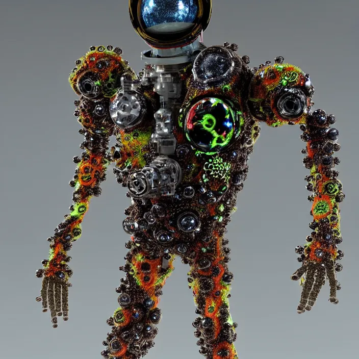 Image similar to a cybernetic symbiosis of a single astronaut mech-organic eva suit made of pearlescent wearing anodized thread knitted shiny ceramic multi colored yarn thread infected with kevlar,ferrofluid drips,carbon fiber,ceramic cracks,gaseous blob materials and diamond 3d fractal lace iridescent bubble 3d skin dotted covered with orb stalks of insectoid compound eye camera lenses orbs floats through the living room, film still from the movie directed by Denis Villeneuve with art direction by Salvador Dalí, wide lens,