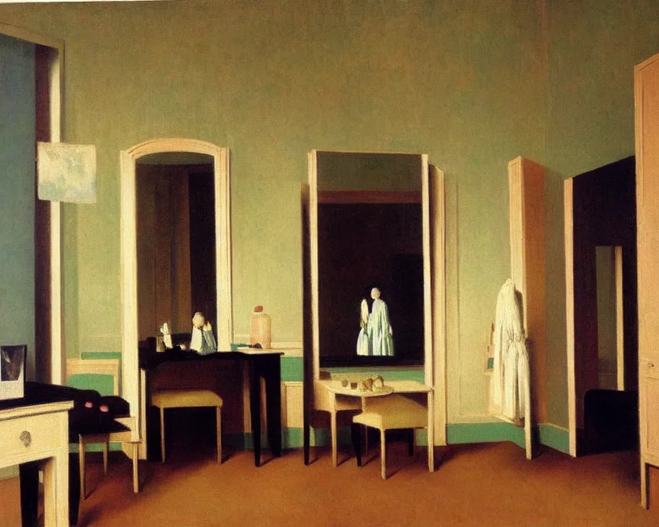 Prompt: achingly beautiful painting of a sophisticated, well - decorated, modern dressing room by rene magritte, monet, and turner.