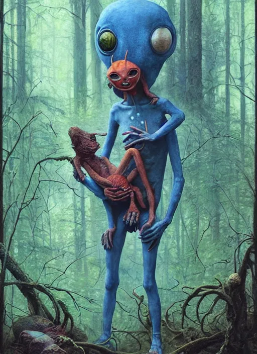 Image similar to cuddly friendly alien in the woods by a river gorgeous lighting, lush forest foliage blue sky a hyper realistic painting by chiara bautista and beksinski and norman rockwell and greg rutkowski, tom bagshaw weta studio, and lucasfilm