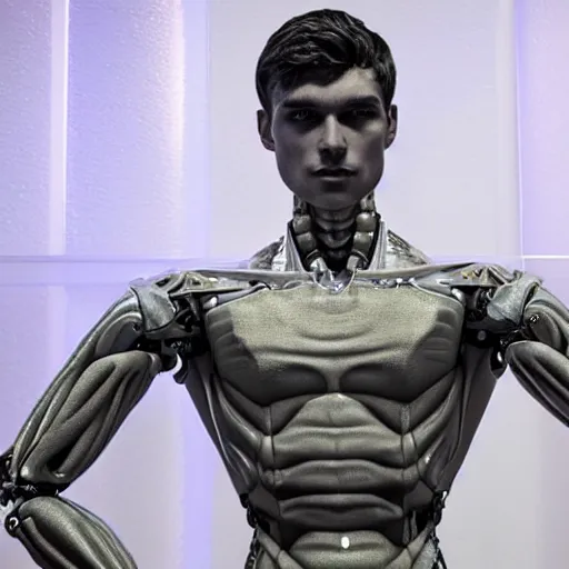 Prompt: made of ice, a realistic detailed photo of a guy who is an attractive humanoid who is half robot and half humanoid, who is a male android, on display, blank stare, showing off his muscles, shiny skin, posing like a statue, by the pool, frozen ice statue, f 1 driver pierre gasly, humanoid robot