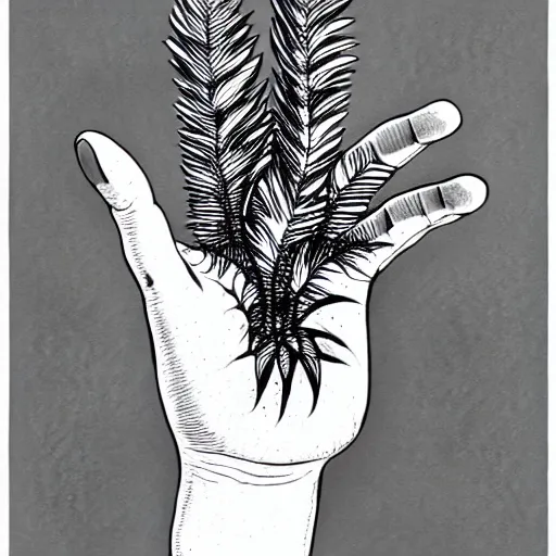 Image similar to palm of a hand with various plants growing out of it, pen and ink style