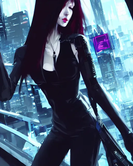 Image similar to beautiful female vampire, cyberpunk streetwear, cybernetic features, detailed portrait, cell shaded, 4 k, vivid colours, concept art by wlop, ilya kuvshinov, artgerm, krenz cushart, greg rutkowski, pixiv. cinematic dramatic atmosphere, sharp focus, volumetric lighting, cinematic lighting, studio quality