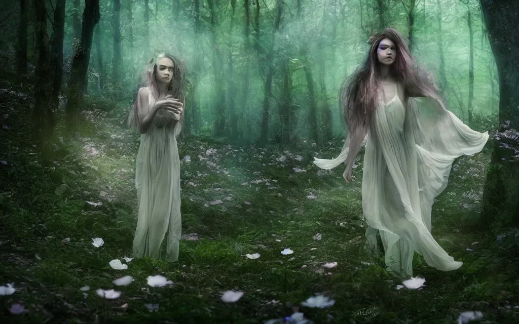 Image similar to a beautiful faery wearing petals made of chiffon folds, beautiful face, silk luminescent, iridescent, pearlescent, glint, rays, spring season, in a dense forest, twilight light, film grain, cinematic, wild flowers, clear river running trough the woods, mist, dreamy, 8 k, octane rendering