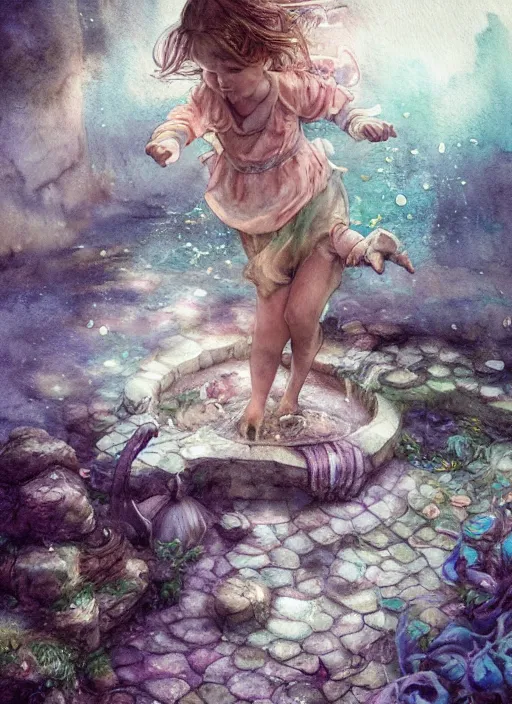 Image similar to portrait, a little girl falling down a wishing well into another realm, magical, fantasy, watercolor, dramatic lighting, cinematic, establishing shot, extremely high detail, foto realistic, cinematic lighting, pen and ink, intricate line drawings, by Yoshitaka Amano, Ruan Jia, Kentaro Miura, Artgerm, post processed, concept art, artstation, matte painting, style by eddie mendoza, raphael lacoste, alex ross