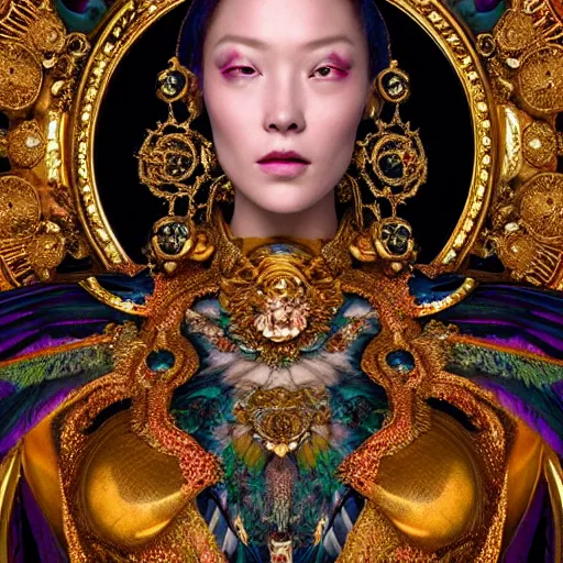 Image similar to a beautiful empress portrait, with a brilliant, impossible striking big cosmic galaxy headpiece, clothes entirely made out of cosmos chaos energy, symmetrical, dramatic studio lighting, rococo, baroque, jewels, asian, hyperrealism, closeup, D&D, fantasy, intricate, elegant, highly detailed, digital painting, artstation, octane render, 8k, concept art, matte, sharp focus, illustration, art by Artgerm and Greg Rutkowski and Alphonse Mucha