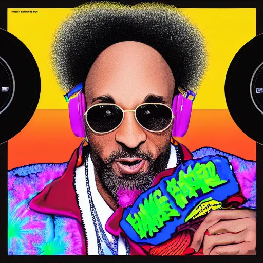 Image similar to svg sticker of a Dancing-Ben-Harper-Snoop-Spike-Lee-with-a-large-Afro-Puff, at a rave, spinning records, giant headphones rocking out, wearing headphones, huge speakers, dancing, rave, DJ, spinning records, digital art, amazing composition, rule-of-thirds, award-winning, trending on artstation, featured on deviantart