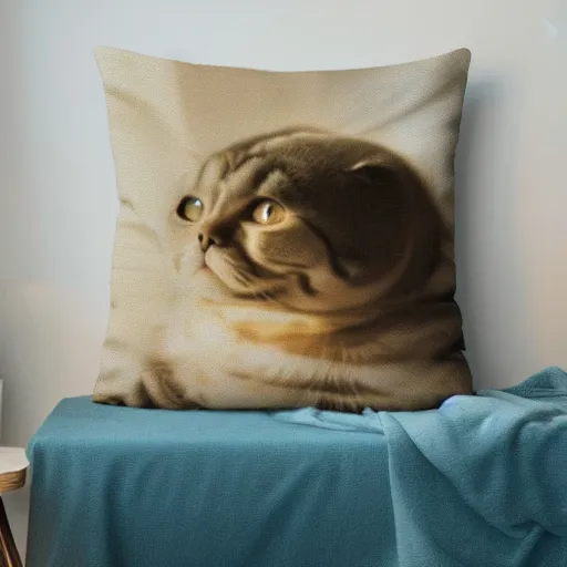 Prompt: content Scottish fold basking in the sunlight lying on a pillow portrait, atmospheric lighting, painted, golden ratio, golden hour, intricate, highly detailed by Rembrandt