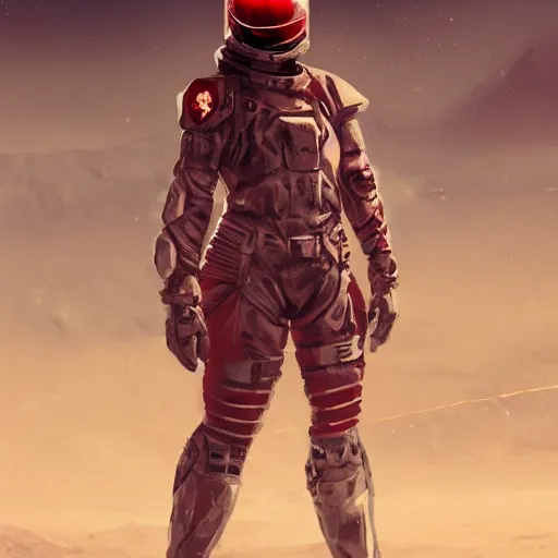 Image similar to a young female soldier wearing blood-spattered glossy sleek white dinged scuffed armor and a long torn red cape, heroic posture, determined expression, elegant, no helmet, on the surface of mars, dramatic lighting, cinematic, sci-fi, hyperrealistic, detailed