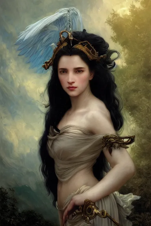 Prompt: a fantasy comic book style portrait painting of a beautiful woman with pale skin and long black hair, mystical valkyrie, francois boucher, oil painting, unreal 5, hyperrealistic, octane render, regal, refined, detailed digital art, rpg portrait, william - adolphe bouguereau, michael cheval, walt disney, steampunk, dynamic lighting, highly detailed, unreal engine