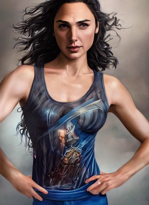 Prompt: full length photo of gal gadot in a tanktop in the style of stefan kostic, realistic, sharp focus, 8k high definition, insanely detailed, intricate, elegant, art by stanley lau and artgerm
