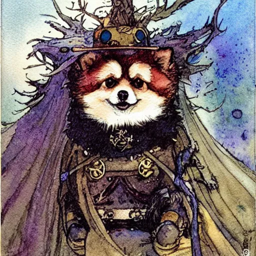 Image similar to a simple and atmospheric watercolour fantasy character concept art portrait of a robotic pomeranian as a druidic warrior wizard looking at the camera with an intelligent gaze, very muted colors, by rebecca guay, michael kaluta, charles vess and jean moebius giraud