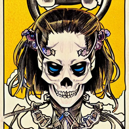 Image similar to anime manga skull portrait girl female skeleton astronaut illustration ditko and alphonse mucha pop art nouveau