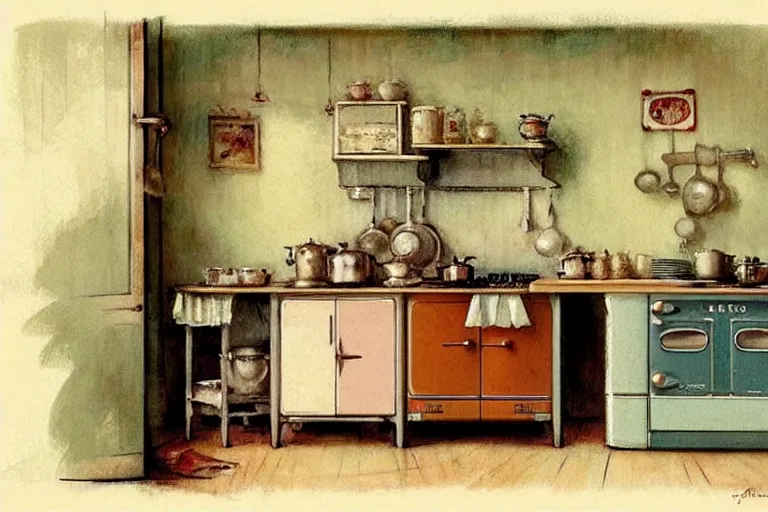 Image similar to ( ( ( ( ( 1 9 5 0 s retro kitchen interior scene. muted colors. ) ) ) ) ) by jean - baptiste monge!!!!!!!!!!!!!!!!!!!!!!!!!!!!!!