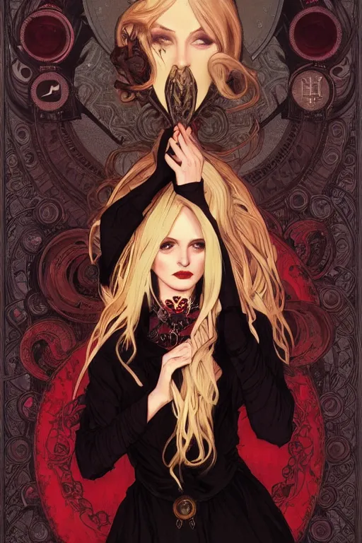 Image similar to female occultist, sweeping wild blonde hair, red eyes, portrait, high cheekbones, smug, evil, Victorian, black velvet dress, dark colors, ruby jewelry, fantasy painting, trending in Artstation, GSociety, by Alphonse Mucha, Charlie Bowater, Brom