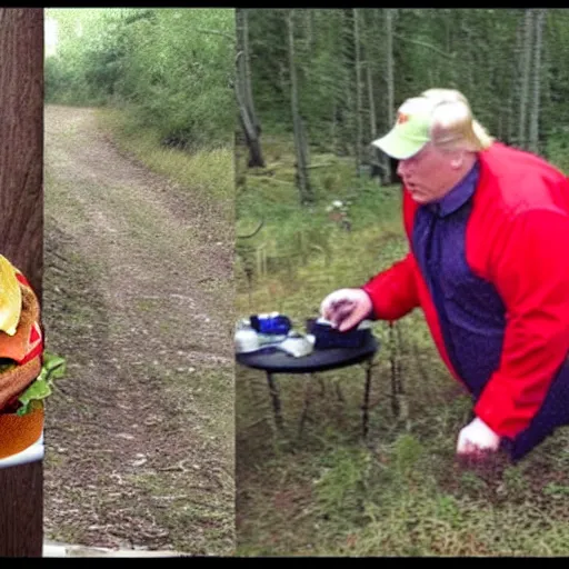 Prompt: trail cam footage of obese Donald Trump eating a burger