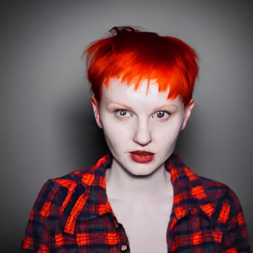 Image similar to photograph, closeup portrait of a young pale woman with short orange hair, tired eyes, wearing red flannel, flash photography, white background, indoor setting, high contrast, sharp, portra 8 0 0, photographed by terry richardson, trending on tumblr,