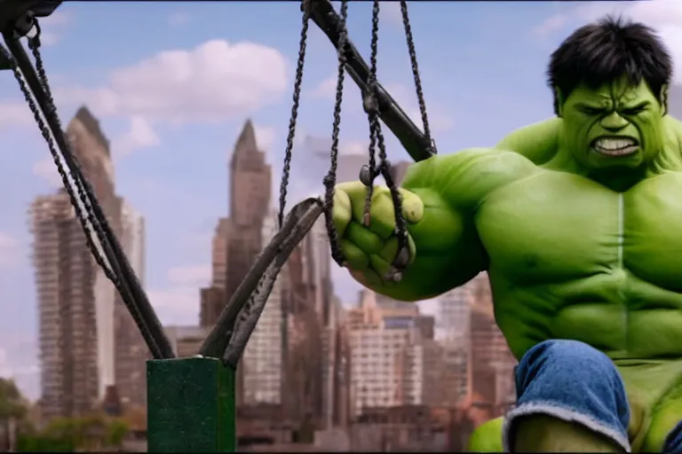 Image similar to hulk in a kid's swing at the children park, still shot from the new hulk movie, 4 k