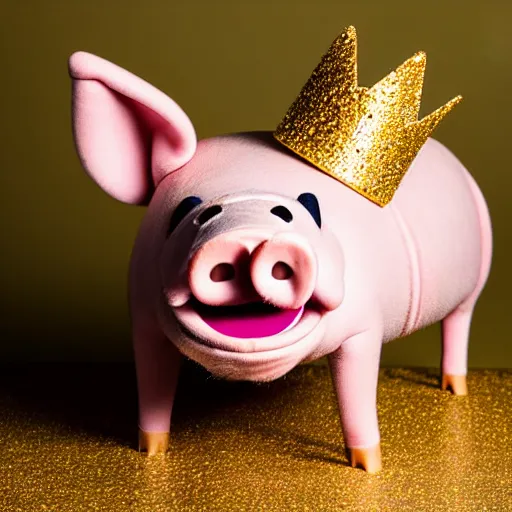 Image similar to studio photograph of a smiling pig depicted as a muppet wearing a gold crown eating pork rind snacks