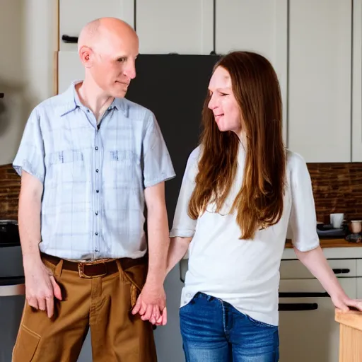 Image similar to portrait of a white male and his white female brown hair wife. male is is half bald, wearing a flannel shirt, tan shorts, white long socks and is holding a cane. female has long brown hair, standing next to him holding his hand. photo taken from behind them looking at a blue colored kitchen under remodel, trending on artstation.