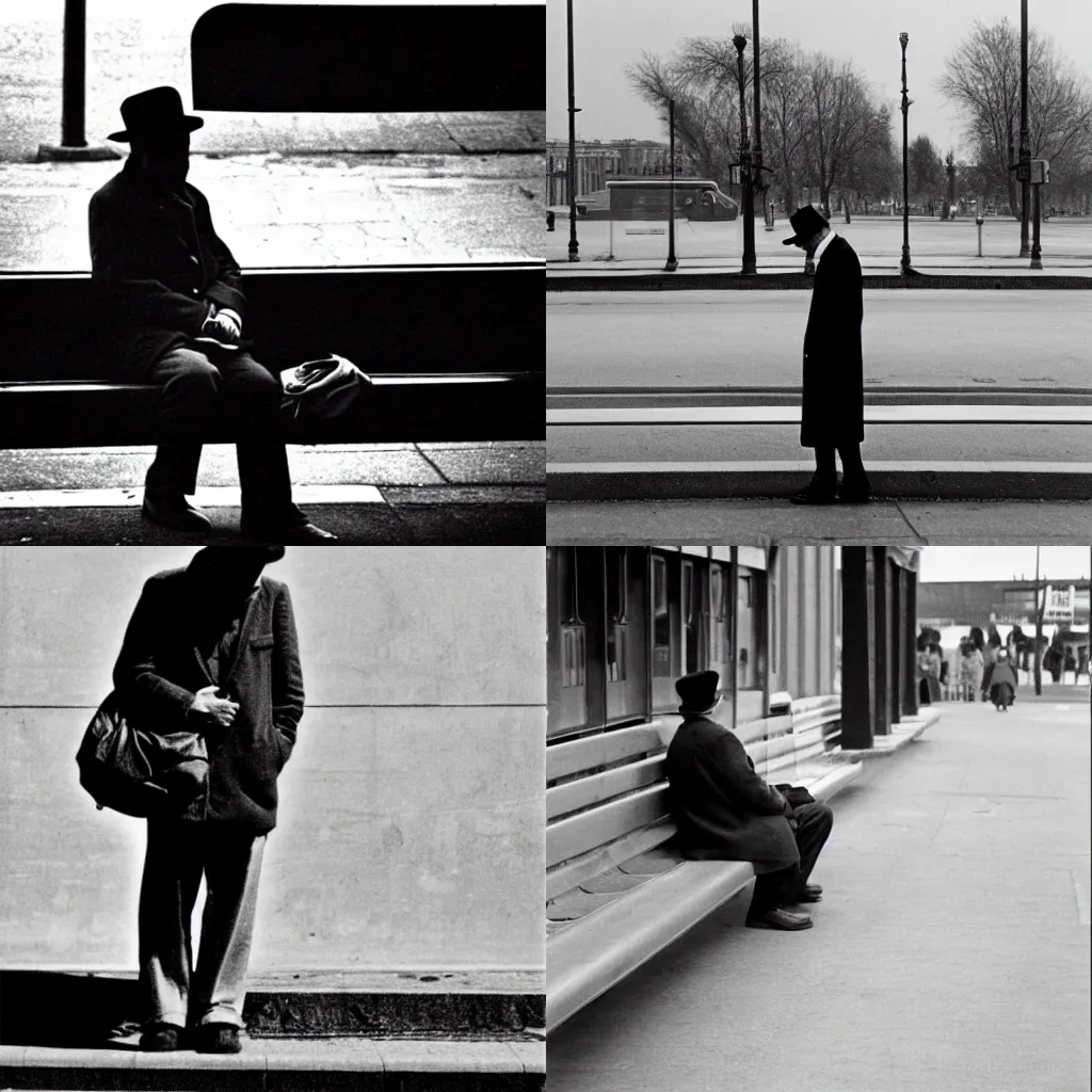 Prompt: lonely man waiting at the bus stop, henri cartier-bresson