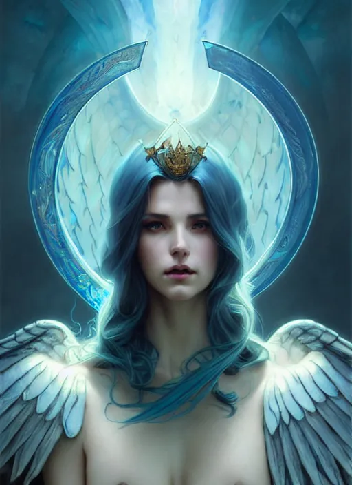 Image similar to a beautiful cinematic female archangel queen, fantasy sea landscape, fantasy magic, short aqua blue black fade hair, dark light night, intricate, elegant, sharp focus, illustration, highly detailed, digital painting, concept art, matte, art by WLOP and Artgerm and Greg Rutkowski and Alphonse Mucha, masterpiece