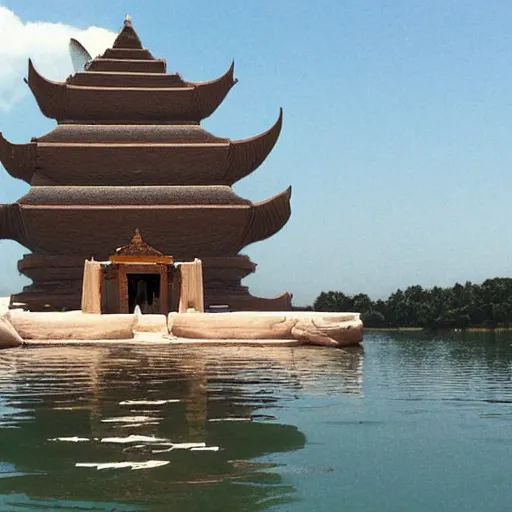 Image similar to floating temple in the middle of a large lake dedicated to the worship of sphinx cats