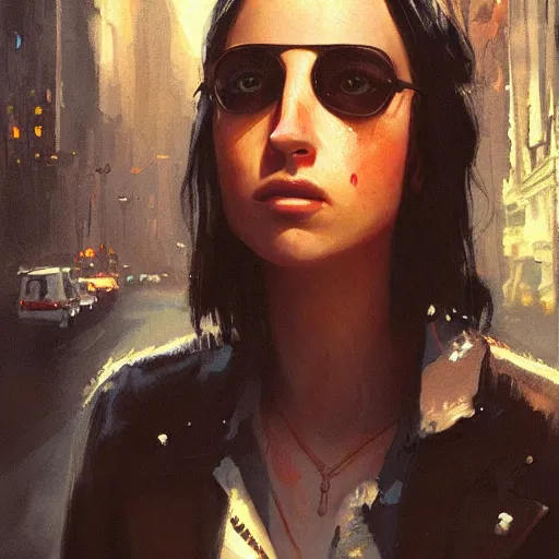 Image similar to closeup portrait of matilda from the movie leon the professional, city background, dramatic light, gorgeous view, depth, high detail, digital art, painted by greg rutkowski and seb mckinnon, by tim burton, trending on artstation