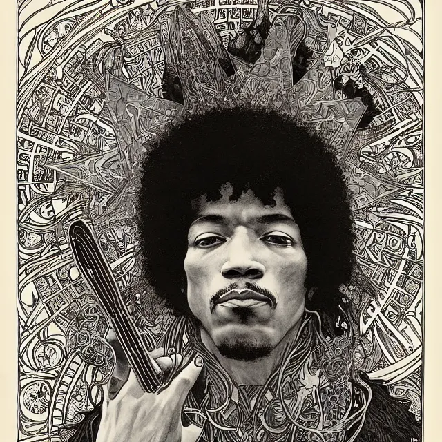 Prompt: artwork by Franklin Booth and Alphonse Mucha and Edmund Dulac showing a portrait of Jimi Hendrix as a futuristic space shaman, futuristic electric guitar, star map, smoke, platonic solids