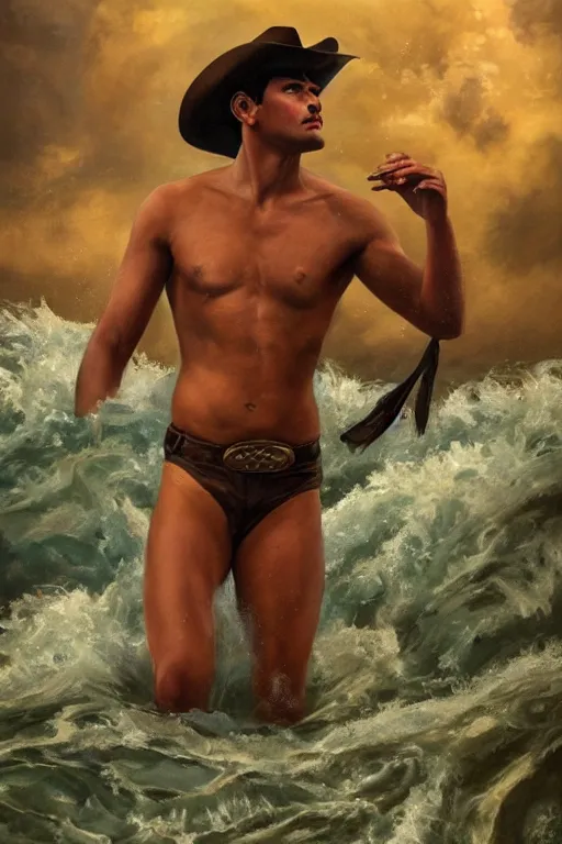 Prompt: a dramatic, epic, ethereal art deco painting of a handsome brown shirtless cowboy | background is a torrential flooding river | tarot!! card, art deco, art nouveau, stylized | by Mark Maggiori | trending on artstation