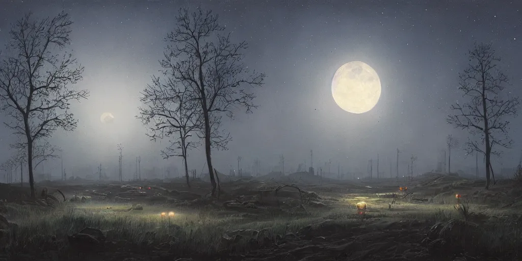 Image similar to abandoned civilisation at night, moonlight lighting on one full moon, landscape painted by simon stalenhag